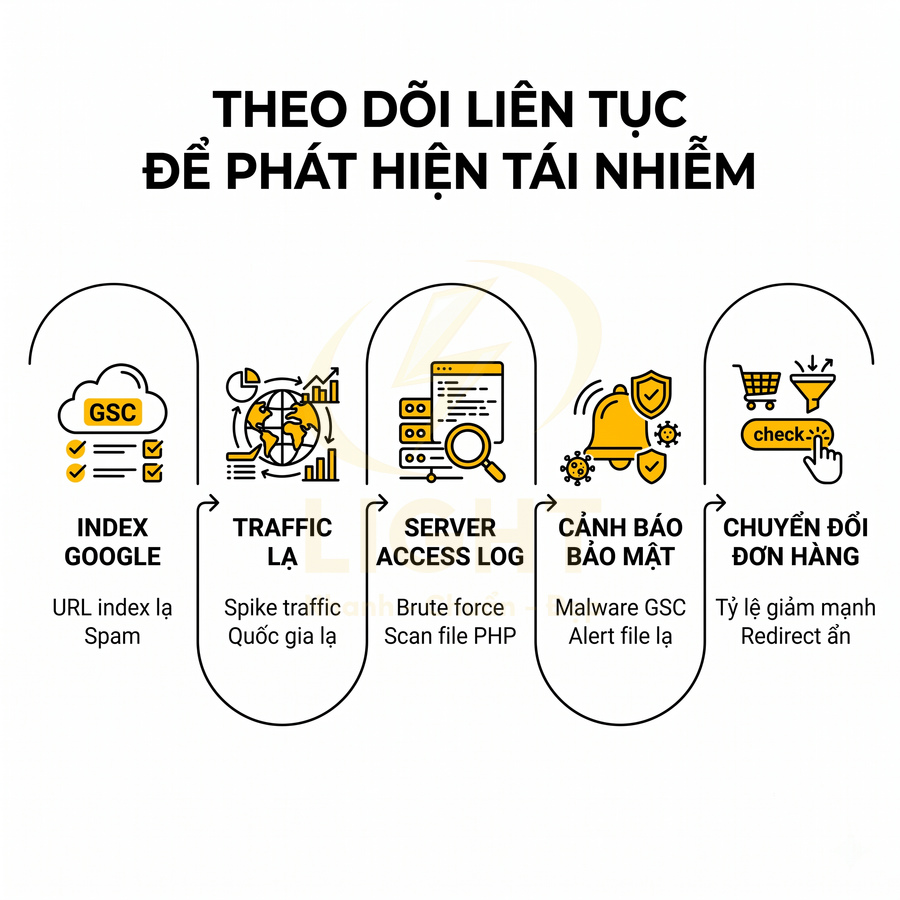 Quy trình theo dõi liên tục phát hiện tái nhiễm mã độc website qua index Google, traffic, log server và chuyển đổi đơn hàng