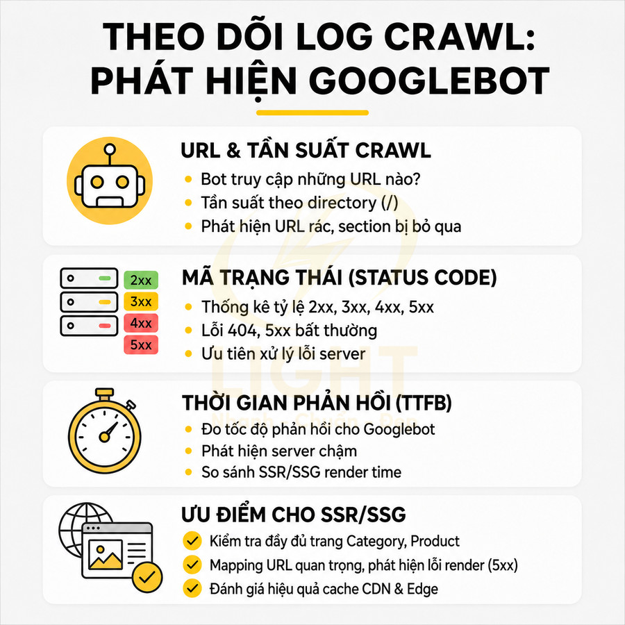 Infographic theo dõi log crawl phát hiện Googlebot với URL crawl, mã trạng thái, TTFB và ưu điểm cho SSR SSG