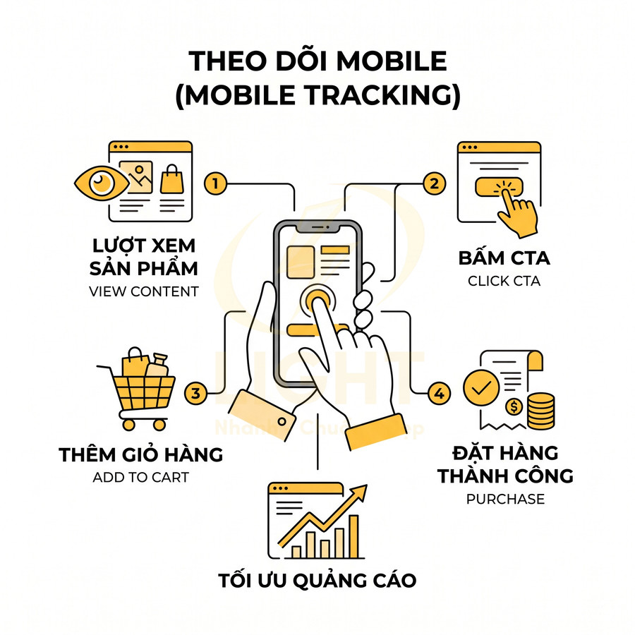 Quy trình theo dõi mobile tracking từ xem sản phẩm, bấm CTA, thêm giỏ hàng đến đặt hàng và tối ưu quảng cáo