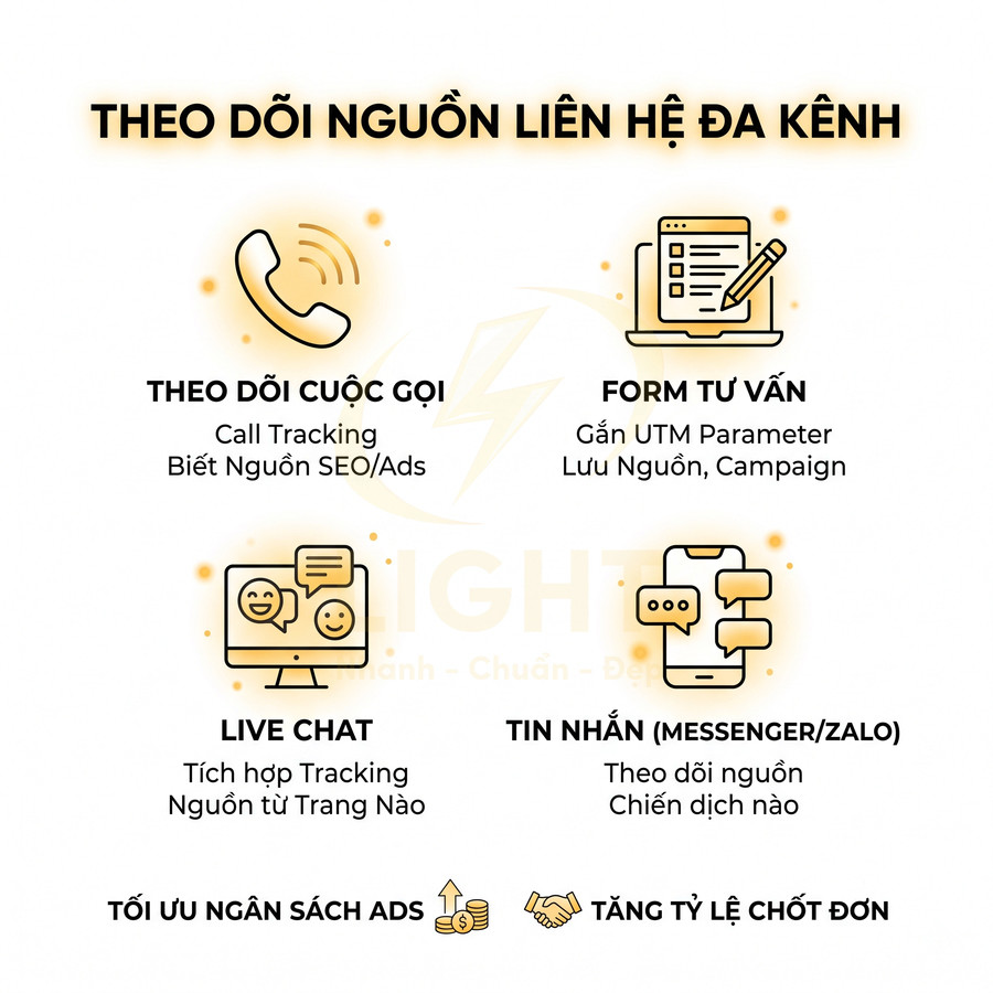 Giải pháp theo dõi nguồn liên hệ đa kênh gồm cuộc gọi form tư vấn live chat và tin nhắn để tối ưu quảng cáo