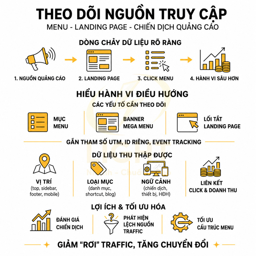 Infographic hướng dẫn theo dõi nguồn truy cập menu và landing page để tối ưu cấu trúc menu, giảm rơi traffic, tăng chuyển đổi