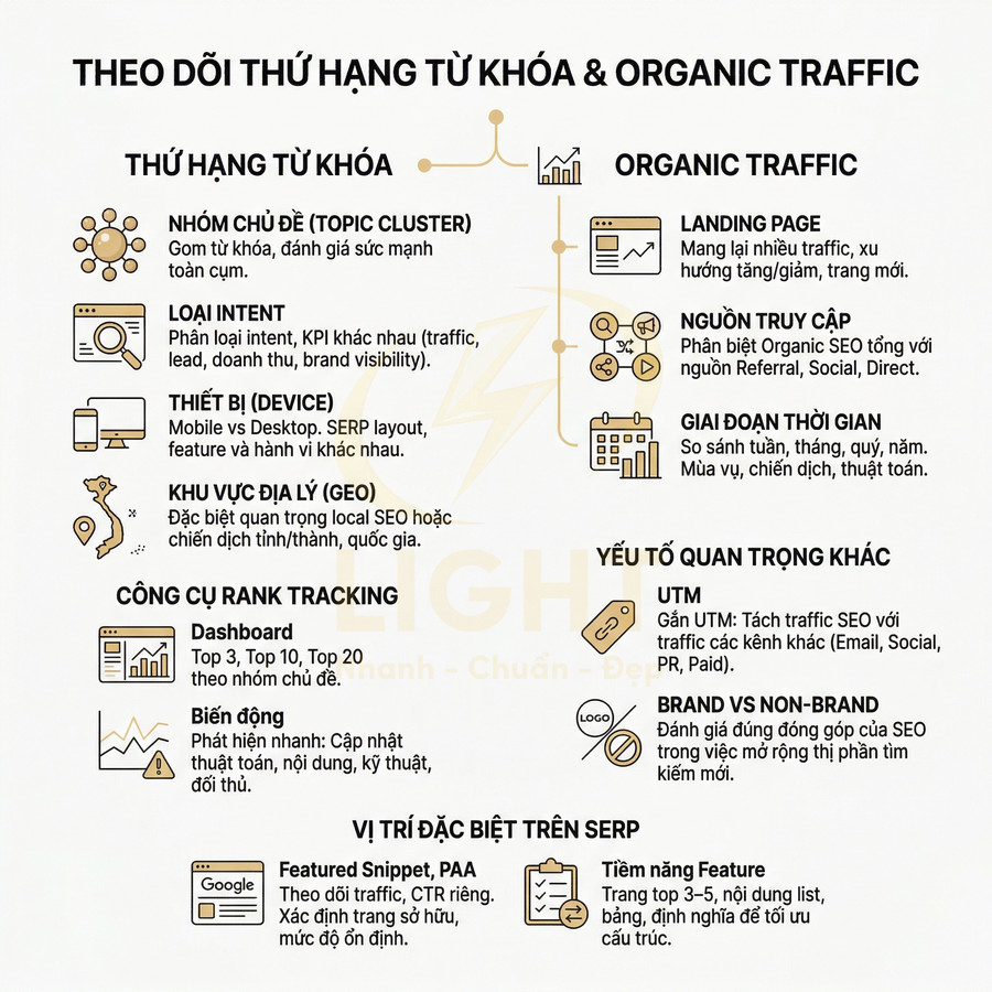 Infographic hướng dẫn theo dõi thứ hạng từ khóa và organic traffic với các yếu tố, công cụ và vị trí đặc biệt trên SERP