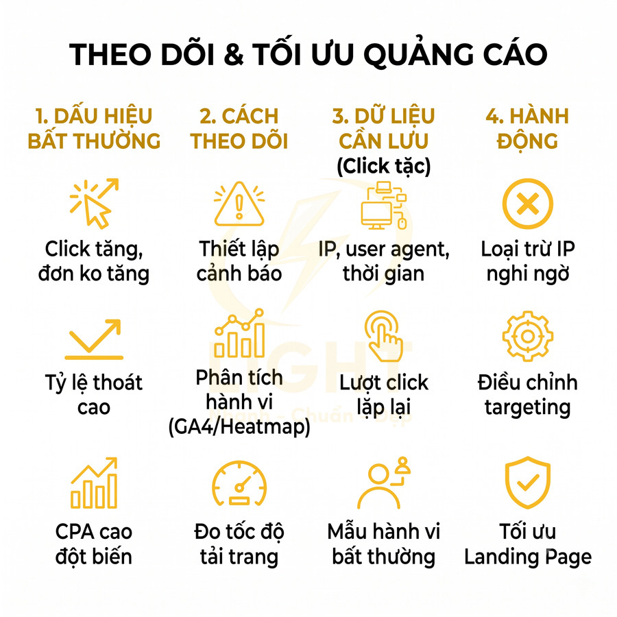 Hướng dẫn theo dõi và tối ưu quảng cáo với dấu hiệu bất thường, dữ liệu cần lưu và hành động xử lý