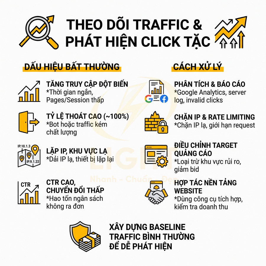 Infographic hướng dẫn theo dõi traffic và phát hiện click tặc trong quảng cáo online