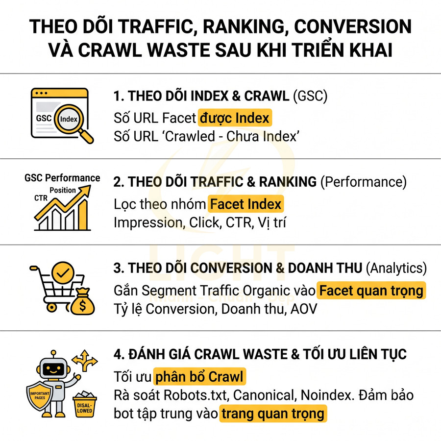 Hướng dẫn theo dõi traffic, ranking, conversion và tối ưu crawl waste trong SEO với 4 bước chi tiết