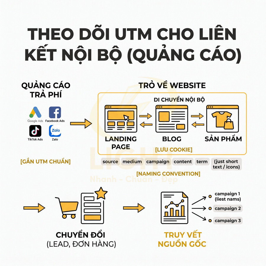 Sơ đồ theo dõi UTM cho quảng cáo trả phí từ Google Ads Facebook TikTok Zalo đến landing page blog sản phẩm và chuyển đổi