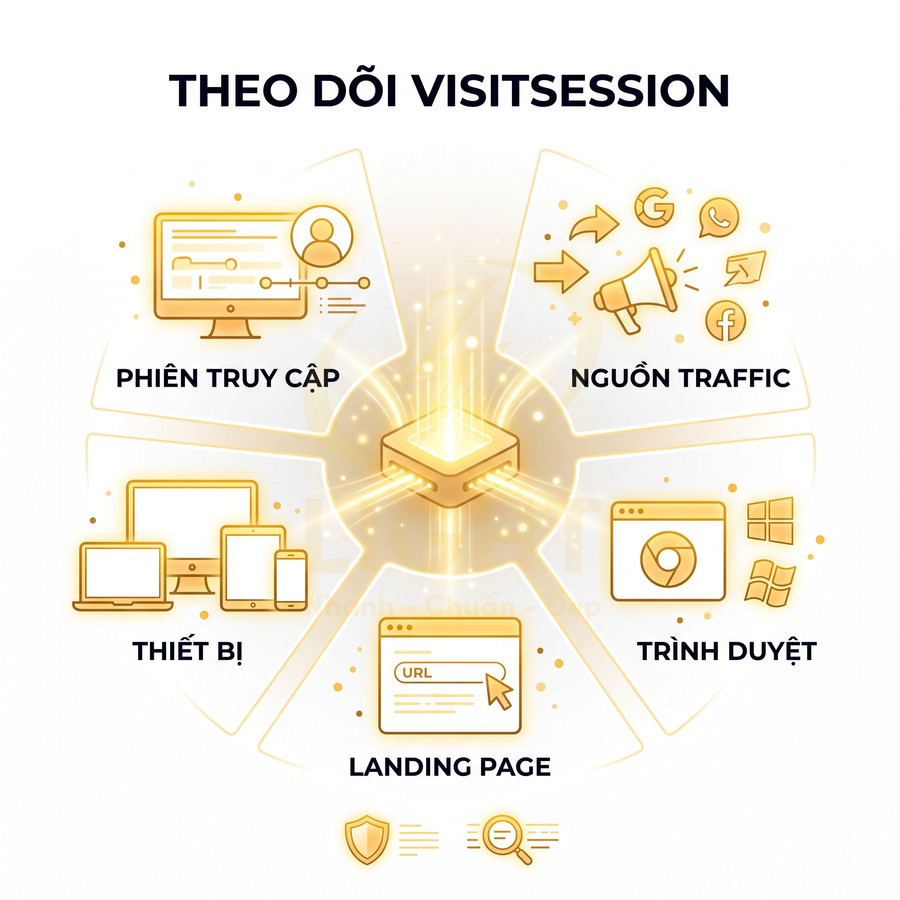 Minh họa tính năng theo dõi visitsession gồm phiên truy cập, nguồn traffic, thiết bị, trình duyệt và landing page