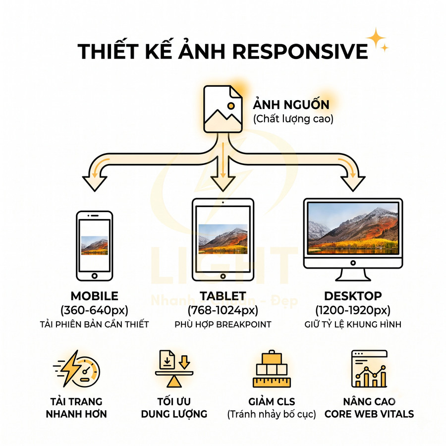 Minh họa thiết kế ảnh responsive cho mobile tablet desktop với ảnh nguồn chất lượng cao và lợi ích tối ưu web