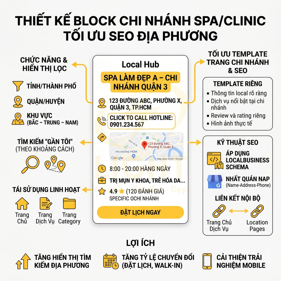 Thiết kế block chi nhánh spa clinic tối ưu SEO địa phương với thông tin địa chỉ, giờ mở cửa và nút đặt lịch