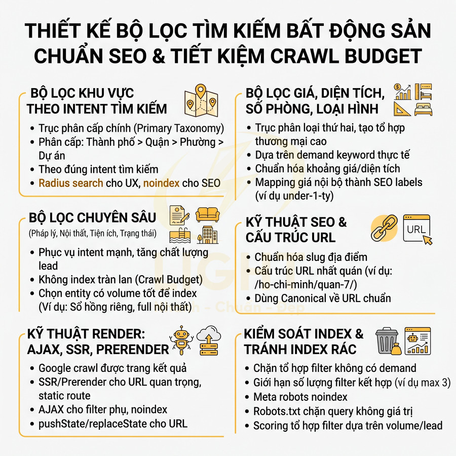 Thiết kế bộ lọc tìm kiếm bất động sản chuẩn SEO và tối ưu crawl budget với các kỹ thuật render và kiểm soát index