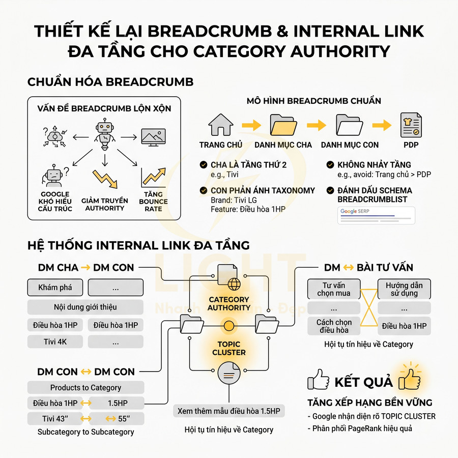 Thiết kế lại breadcrumb và hệ thống internal link đa tầng tối ưu category authority cho SEO website