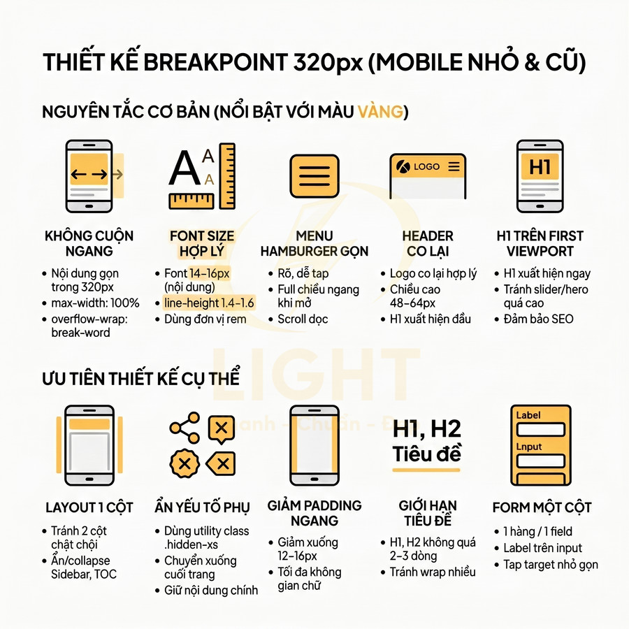 Hướng dẫn thiết kế giao diện web breakpoint 320px cho mobile nhỏ với layout một cột và tối ưu tiêu đề H1 H2
