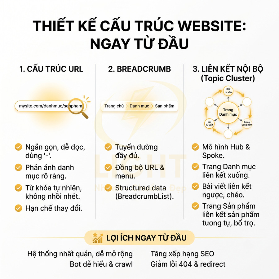 Hướng dẫn thiết kế cấu trúc website chuẩn SEO với URL, breadcrumb và liên kết nội bộ topic cluster