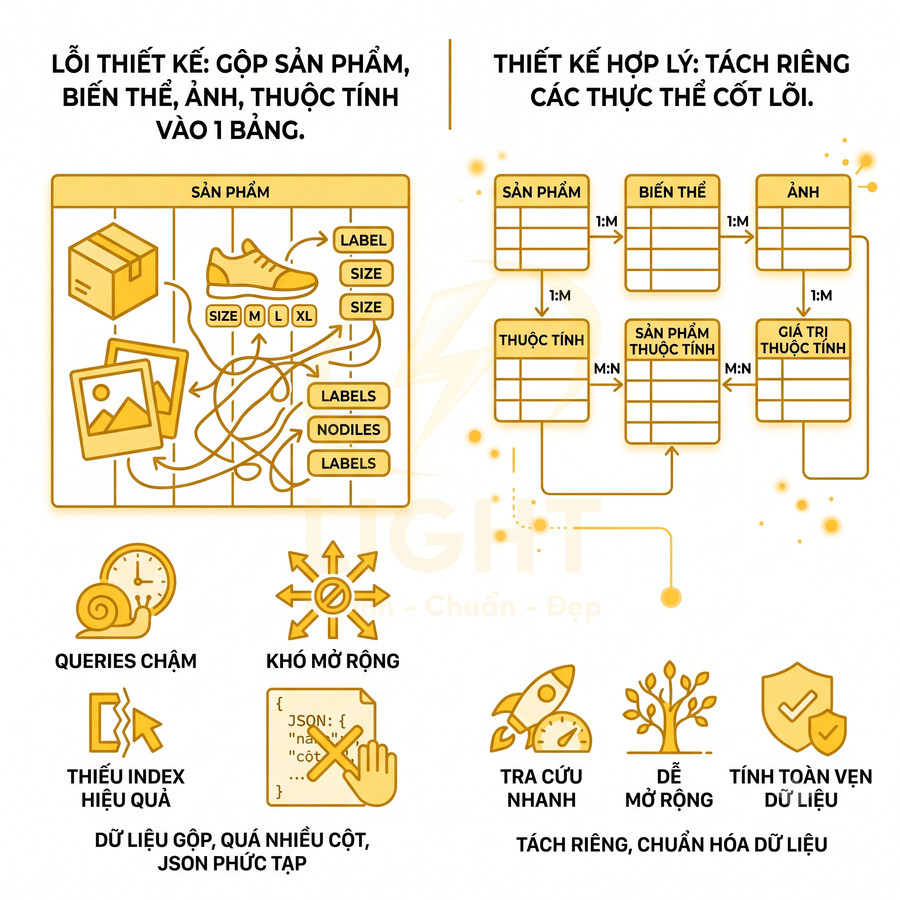 So sánh thiết kế cơ sở dữ liệu sản phẩm gộp một bảng và tách riêng thực thể để tối ưu truy vấn, mở rộng dữ liệu