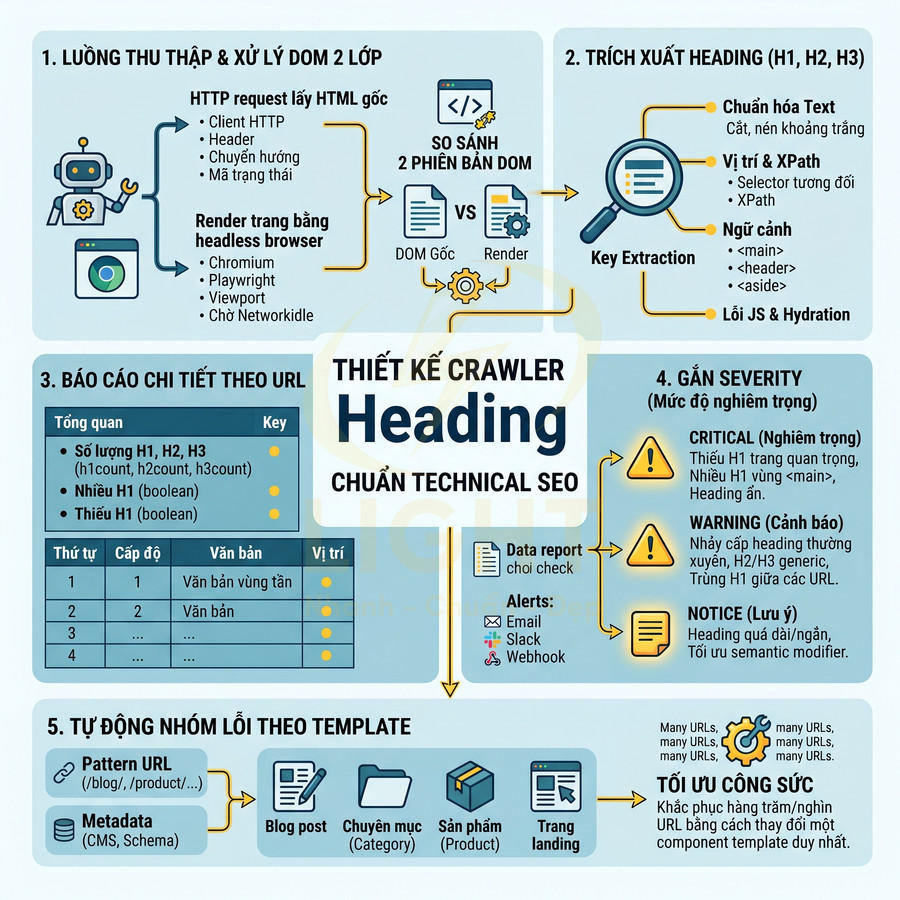 Sơ đồ quy trình thiết kế crawler kiểm tra heading H1 H2 H3 chuẩn technical SEO và phân loại lỗi trên website