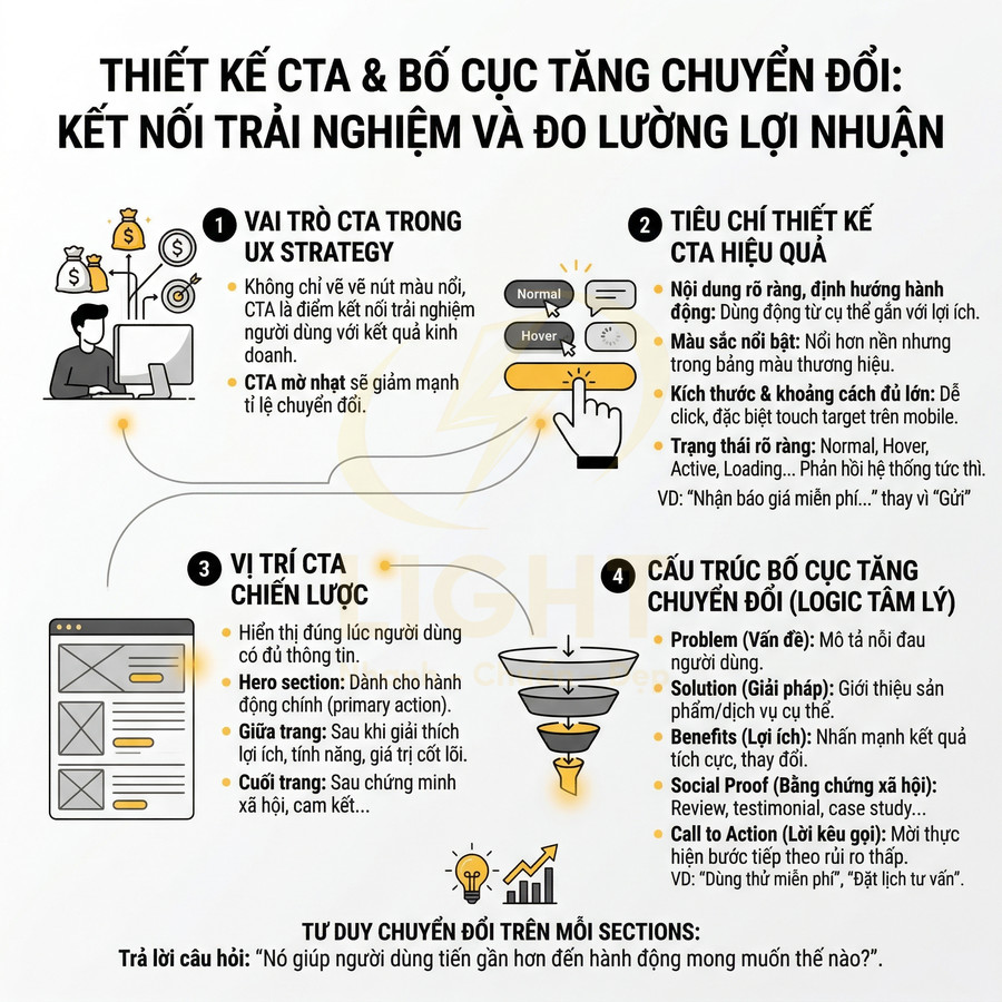 Infographic hướng dẫn thiết kế CTA và bố cục trang web tối ưu chuyển đổi trong UX marketing