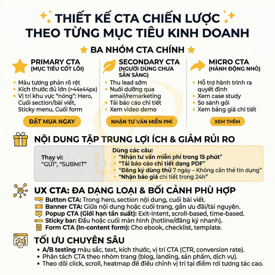 Infographic hướng dẫn thiết kế CTA chiến lược theo mục tiêu kinh doanh với ví dụ nút Đặt mua ngay, Nhận tư vấn miễn phí, Xem thêm