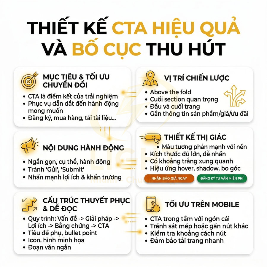 Hướng dẫn thiết kế CTA hiệu quả và bố cục thu hút với mục tiêu, nội dung, vị trí, thị giác và tối ưu mobile