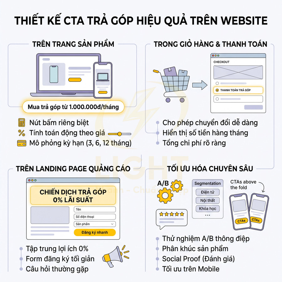 Infographic hướng dẫn thiết kế CTA trả góp hiệu quả trên website, từ trang sản phẩm đến giỏ hàng và landing page.