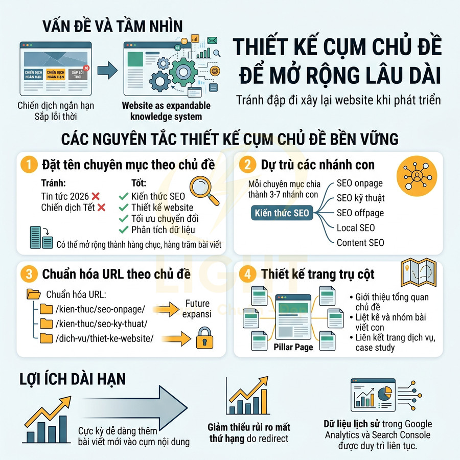 Infographic hướng dẫn thiết kế cụm chủ đề SEO bền vững với các bước đặt tên, chuẩn hóa URL và xây dựng pillar page