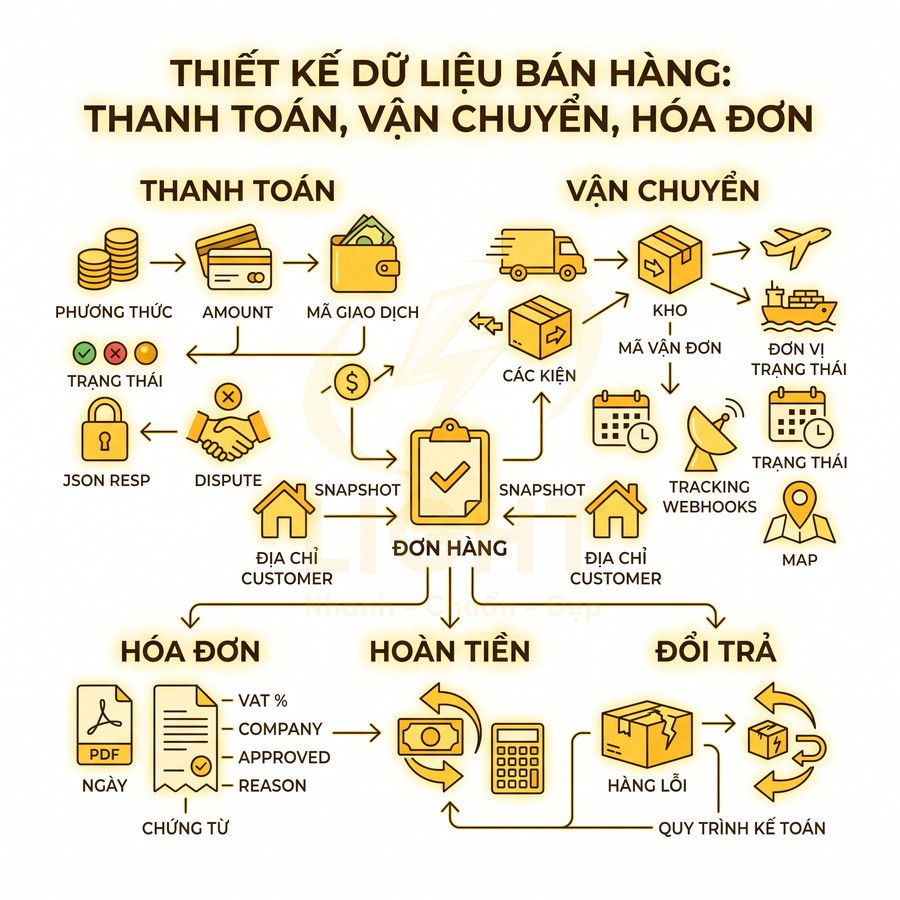Sơ đồ quy trình dữ liệu bán hàng cho đơn hàng online gồm thanh toán, vận chuyển, hóa đơn, hoàn tiền, đổi trả