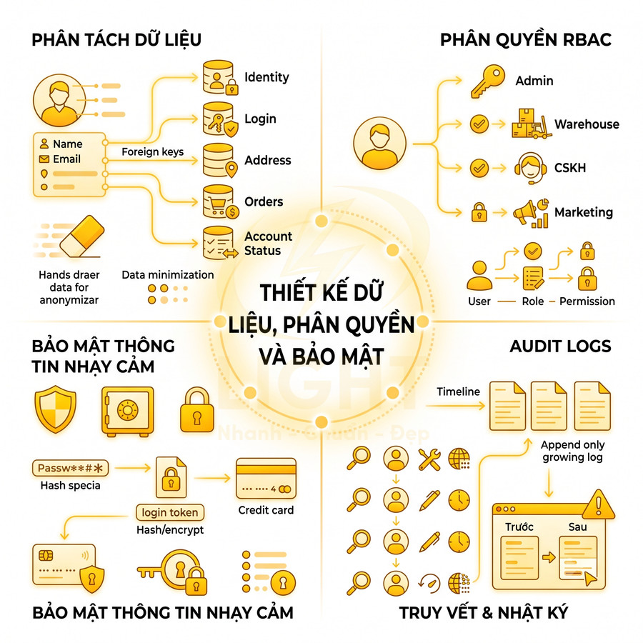 Thiết kế hệ thống dữ liệu với phân tách dữ liệu, phân quyền RBAC, bảo mật thông tin nhạy cảm và truy vết nhật ký