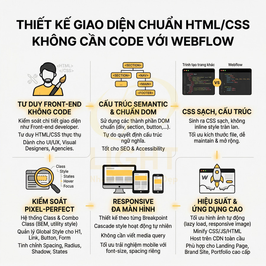 Thiết kế giao diện chuẩn HTML CSS với Webflow, tối ưu front end, responsive, hiệu suất và cấu trúc semantic cho website