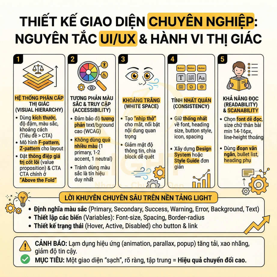 Infographic nguyên tắc thiết kế giao diện UI UX chuyên nghiệp với 5 bước tối ưu hành vi thị giác