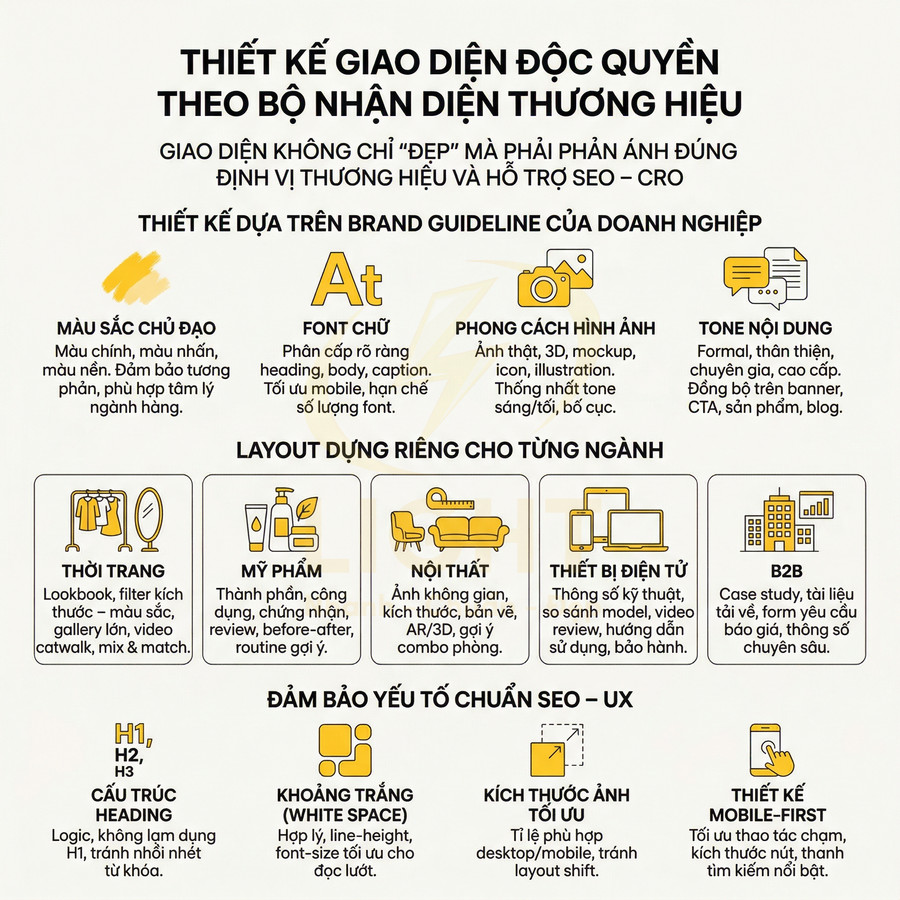 Infographic thiết kế giao diện website theo bộ nhận diện thương hiệu, tối ưu SEO và UX cho nhiều ngành nghề