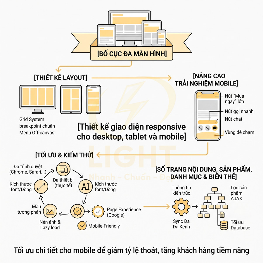 Thiết kế giao diện website responsive đa màn hình, tối ưu trải nghiệm mobile và kiểm thử cho nhiều thiết bị, trình duyệt
