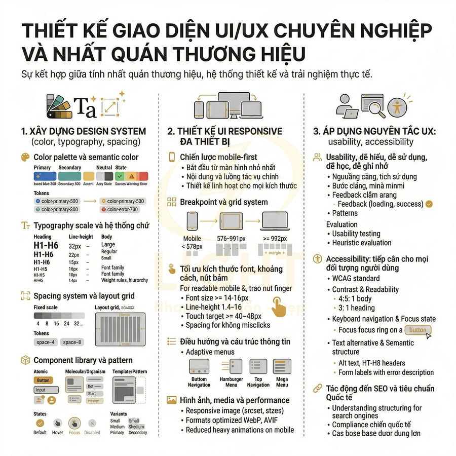 Infographic hướng dẫn thiết kế giao diện UI UX chuyên nghiệp, xây dựng design system và tối ưu trải nghiệm người dùng