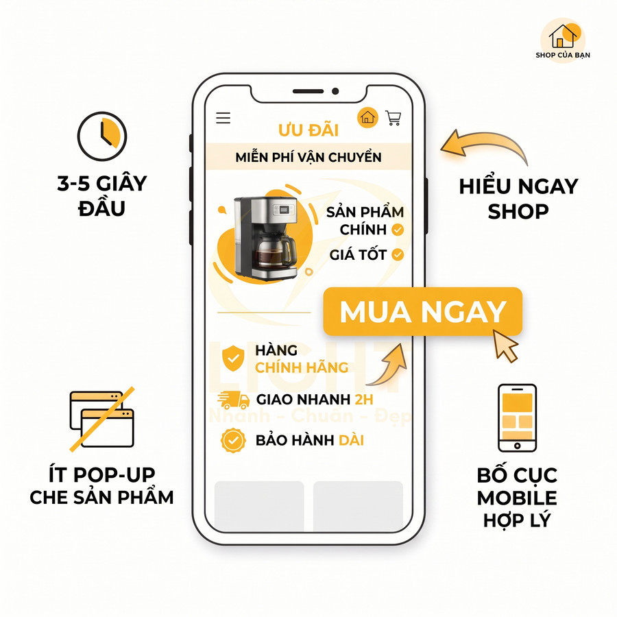 Giao diện app mua máy pha cà phê với nút mua ngay, ưu đãi miễn phí vận chuyển, giao nhanh và bảo hành dài