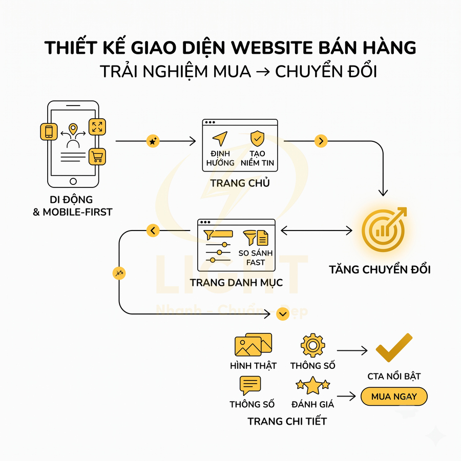 Sơ đồ quy trình thiết kế giao diện website bán hàng tối ưu mobile first và tăng chuyển đổi mua hàng