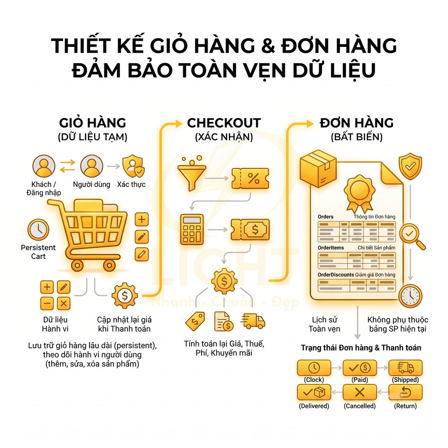 Thiết kế quy trình giỏ hàng và đơn hàng đảm bảo toàn vẹn dữ liệu cho website thương mại điện tử