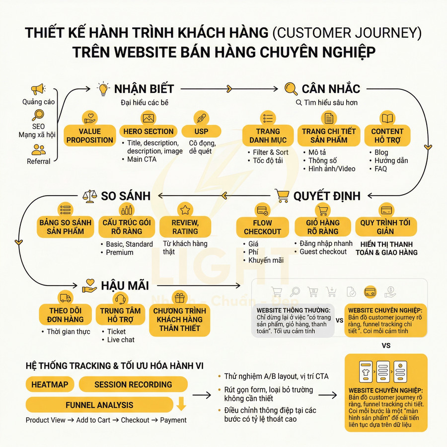 Sơ đồ thiết kế hành trình khách hàng trên website bán hàng chuyên nghiệp với các giai đoạn và điểm chạm chính