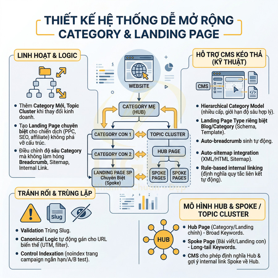 Sơ đồ thiết kế hệ thống website mở rộng category và landing page theo mô hình hub and spoke, topic cluster.