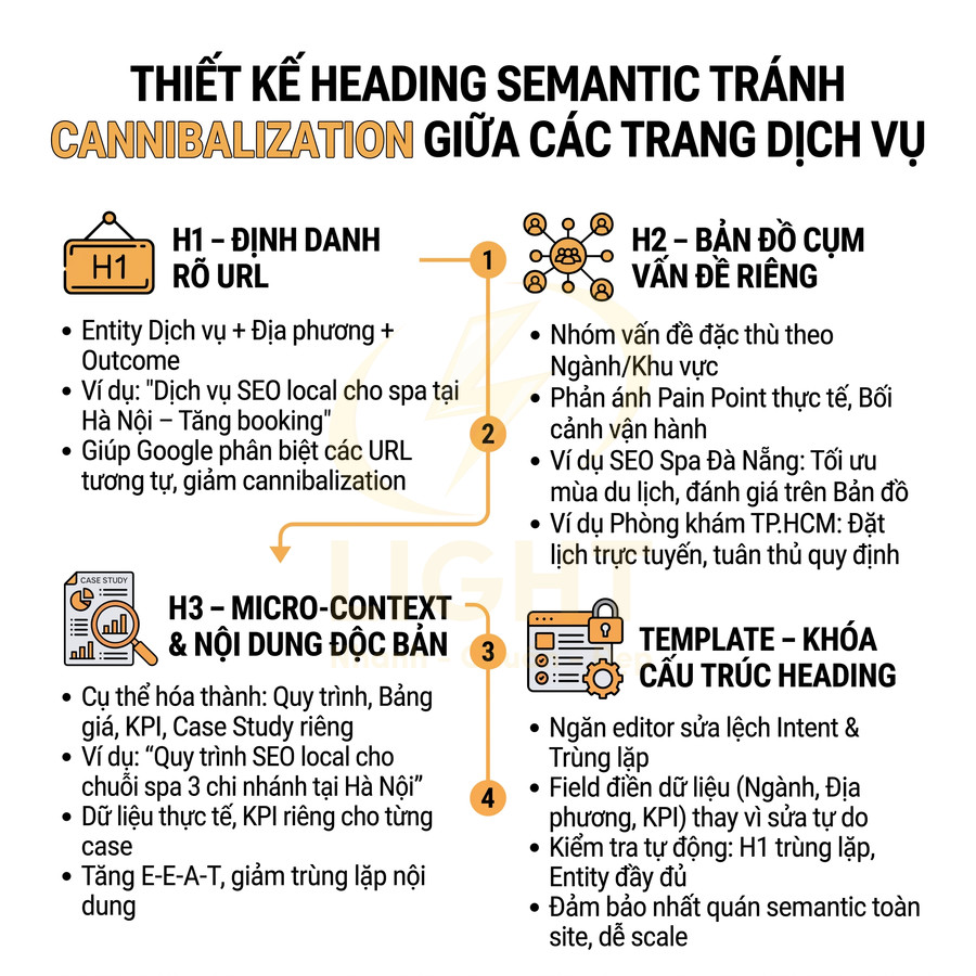 Thiết kế heading semantic tránh cannibalization giữa các trang dịch vụ SEO với H1 H2 H3 và template cấu trúc heading