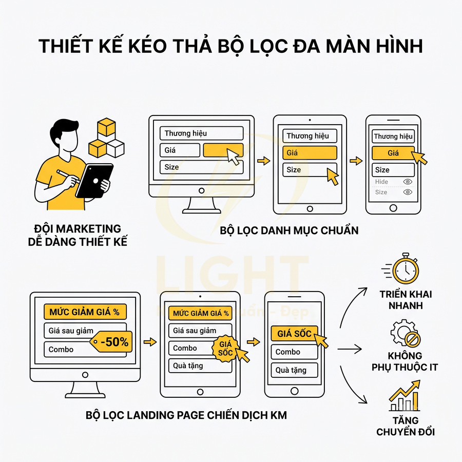 Thiết kế kéo thả bộ lọc sản phẩm đa màn hình giúp đội marketing tạo landing page khuyến mãi nhanh chóng