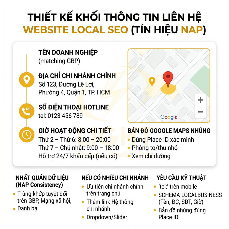 Thiết kế khối thông tin liên hệ website local SEO với địa chỉ, hotline, giờ mở cửa và bản đồ Google Maps