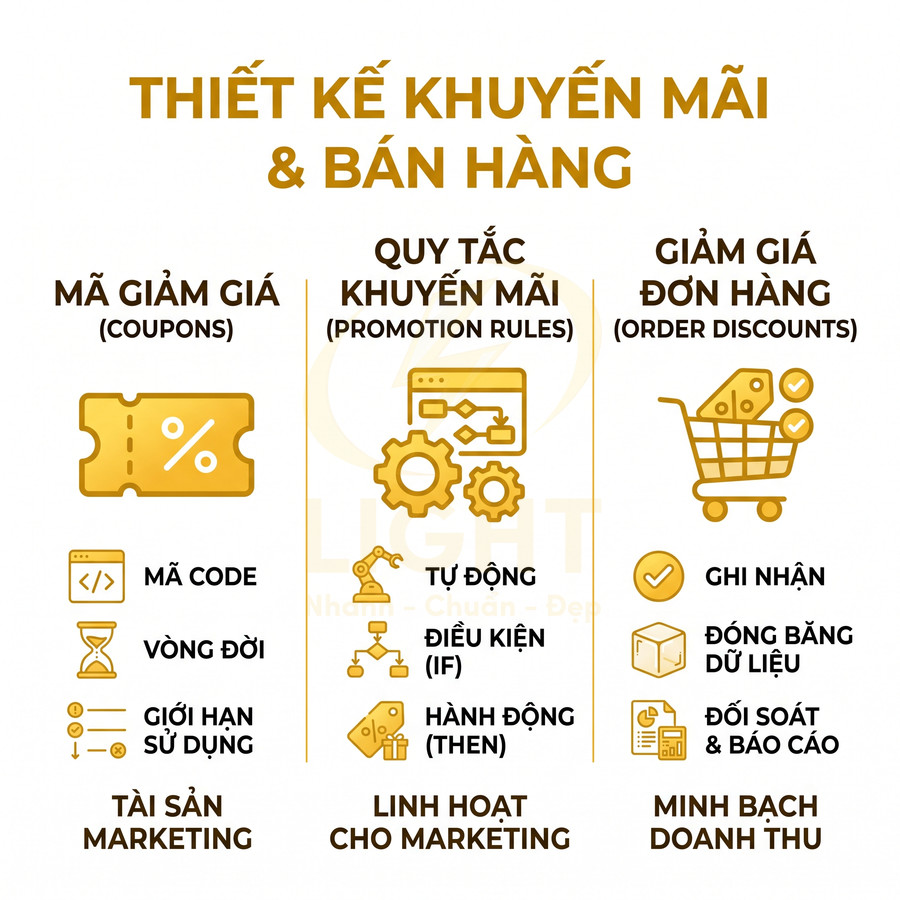 Thiết kế khuyến mãi và bán hàng với mã giảm giá, quy tắc khuyến mãi và giảm giá đơn hàng minh bạch doanh thu