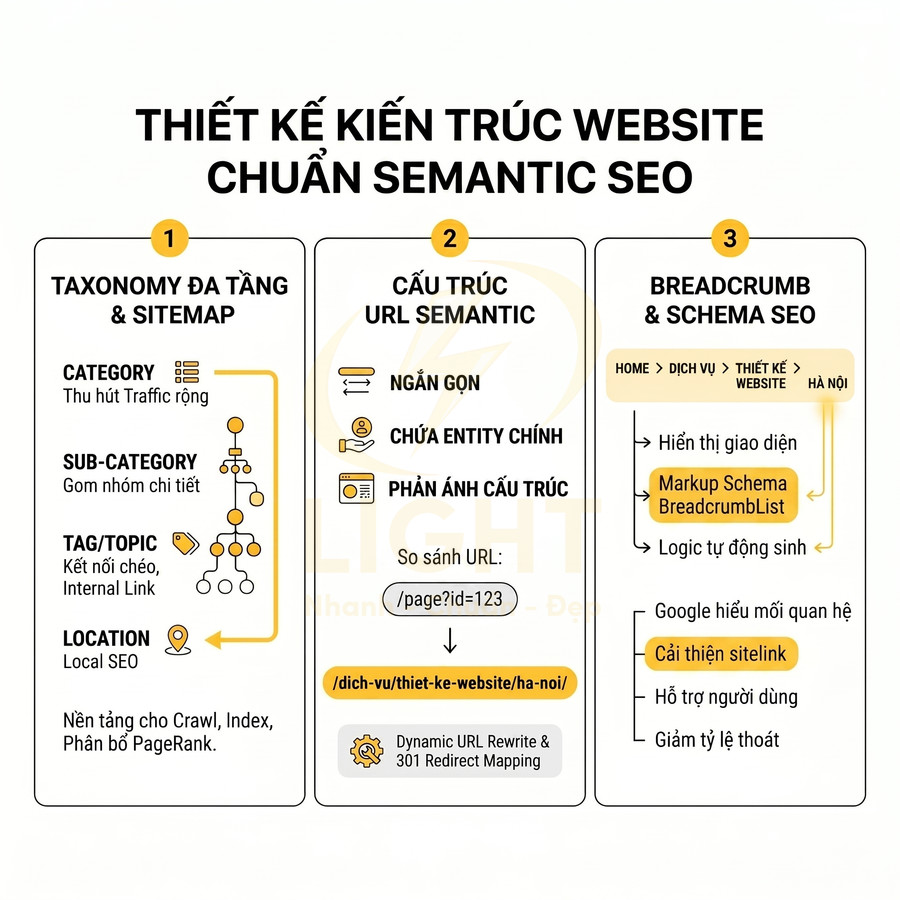 Thiết kế kiến trúc website chuẩn semantic SEO với taxonomy, cấu trúc URL và breadcrumb schema