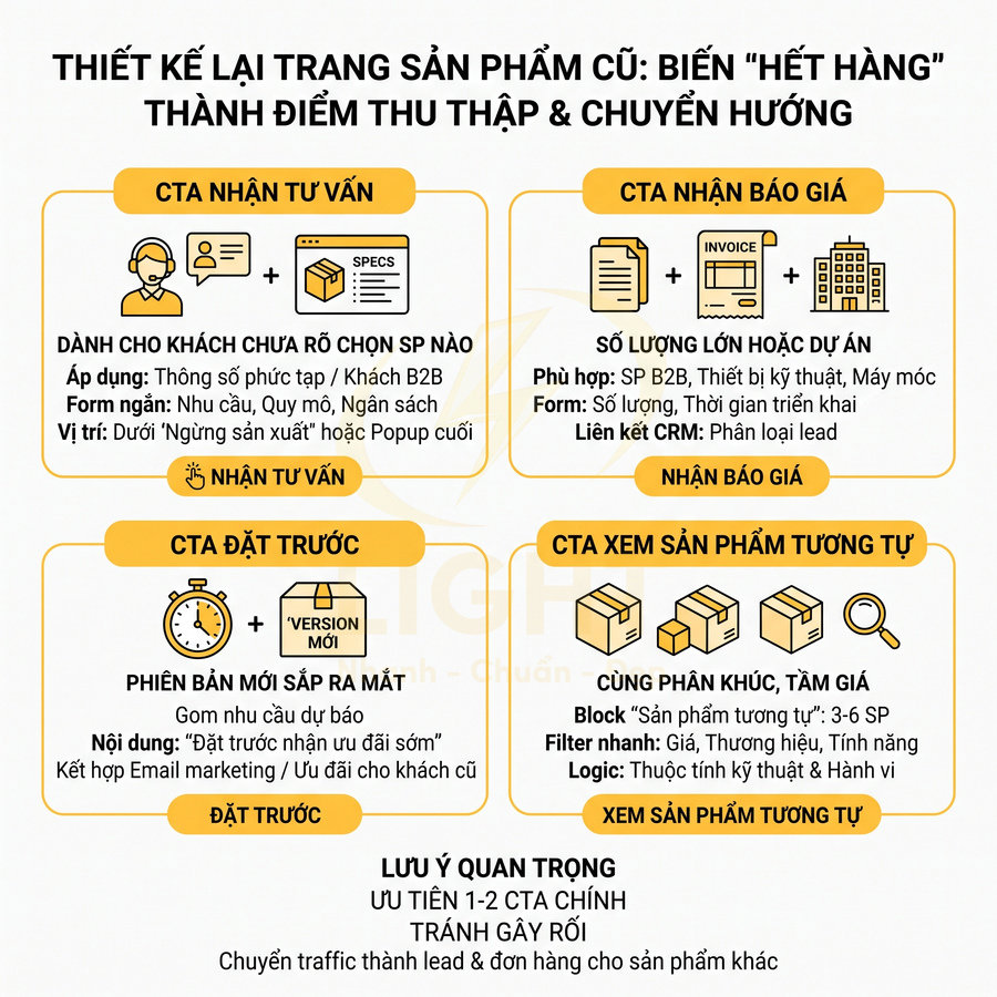 Infographic hướng dẫn thiết kế lại trang sản phẩm hết hàng với các CTA tư vấn, báo giá, đặt trước và xem sản phẩm tương tự