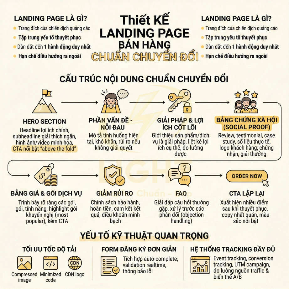 Infographic hướng dẫn thiết kế landing page bán hàng chuẩn chuyển đổi với cấu trúc nội dung và yếu tố kỹ thuật quan trọng