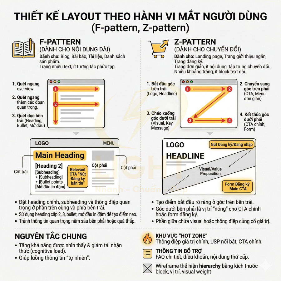 Infographic hướng dẫn thiết kế layout web theo hành vi mắt người dùng với F pattern và Z pattern