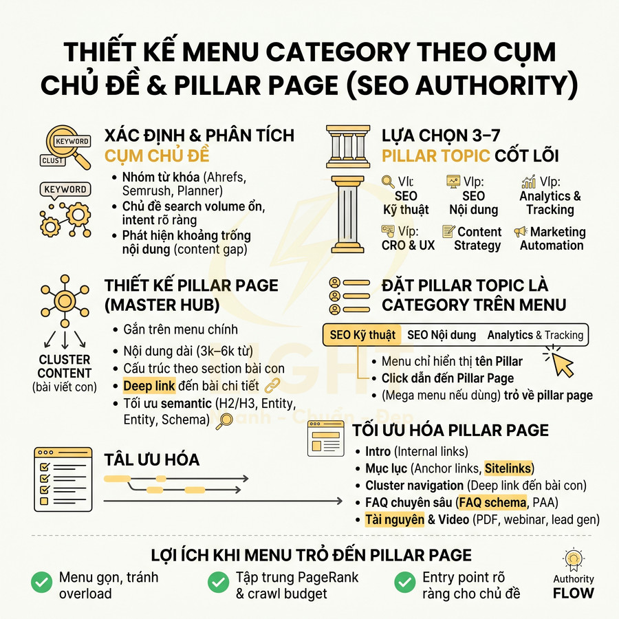 Thiết kế menu category theo cụm chủ đề và pillar page trong chiến lược SEO Authority