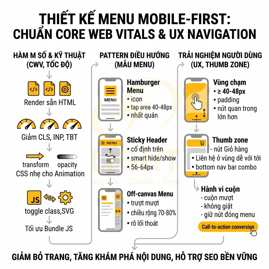 Infographic hướng dẫn thiết kế menu mobile first chuẩn Core Web Vitals và UX navigation cho website di động