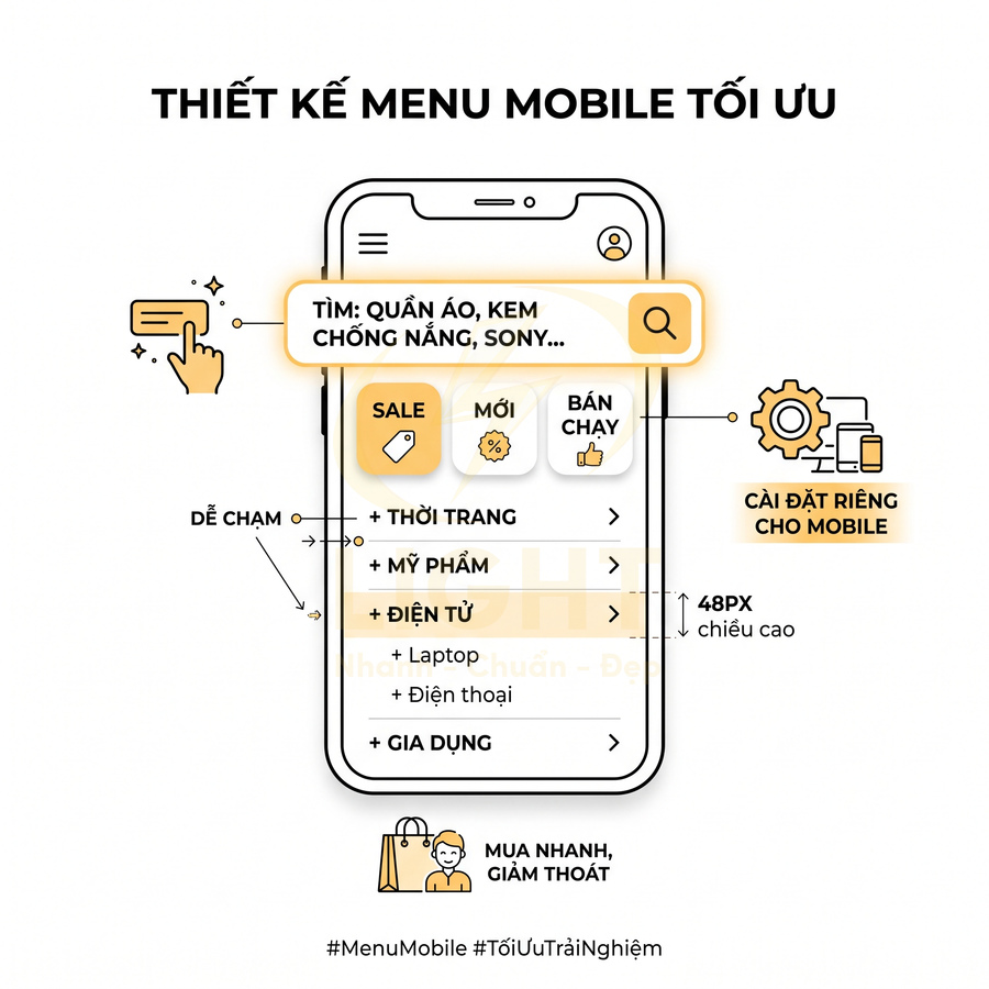 Thiết kế menu mobile tối ưu cho website bán hàng với thanh tìm kiếm và danh mục thời trang mỹ phẩm điện tử gia dụng
