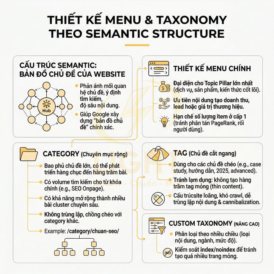 Thiết kế menu và taxonomy theo semantic structure với cấu trúc category, tag và custom taxonomy cho website SEO