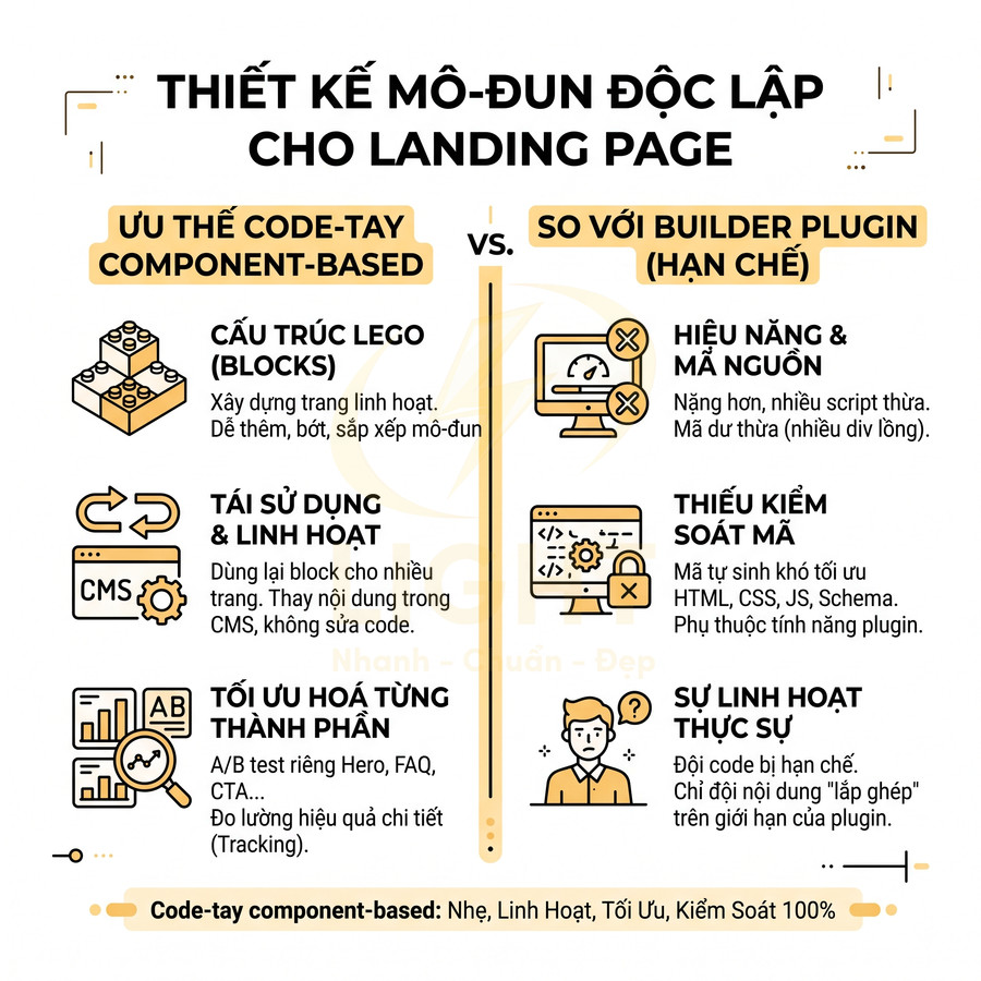 Thiết kế mô-đun độc lập cho landing page so sánh code-tay component-based với builder plugin