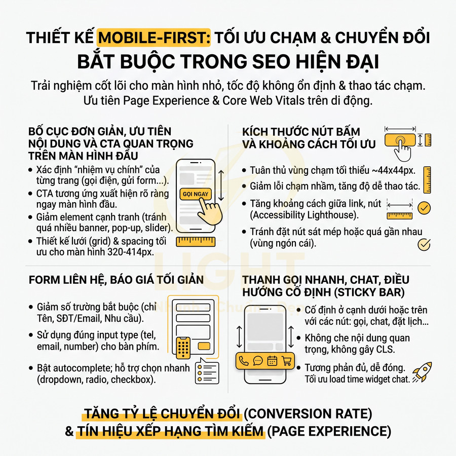Infographic hướng dẫn thiết kế website mobile first tối ưu trải nghiệm chạm và tăng chuyển đổi cho SEO hiện đại